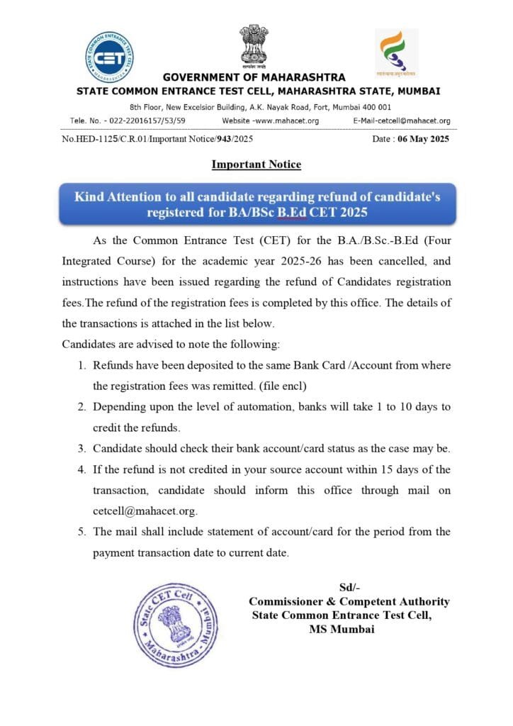 MAH BA BSC BED CET Refund List
