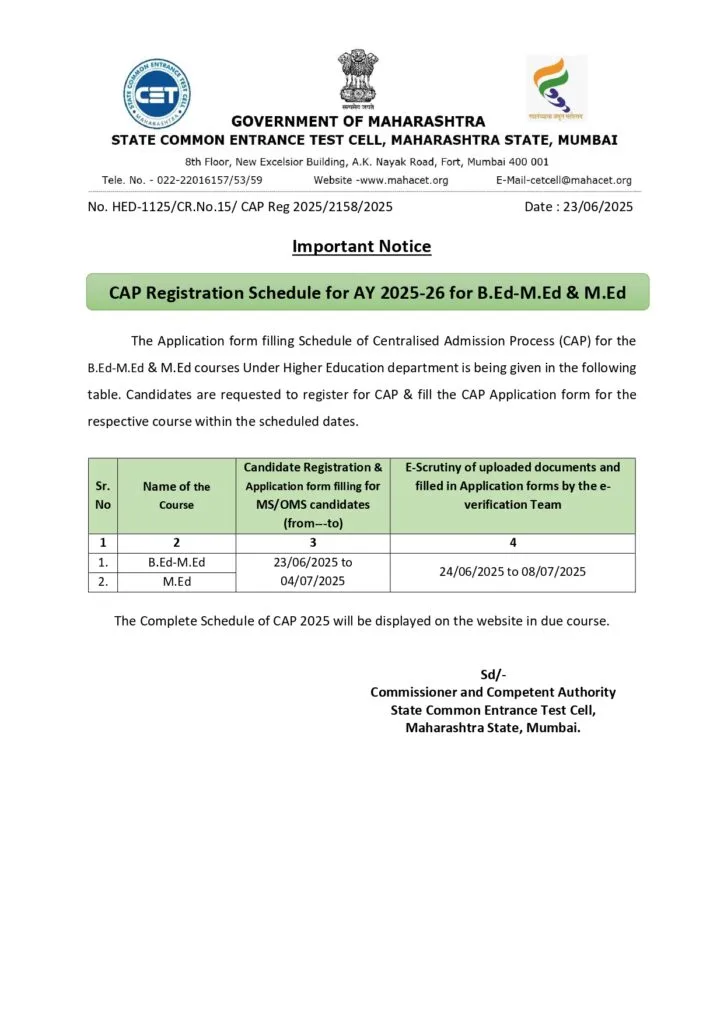 CET CAP Round BEd MEd Registration 2025