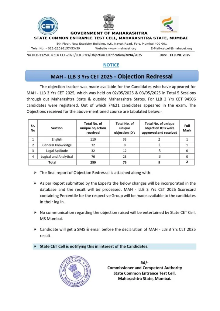 MAH LLB 3 Yrs CET Notice 2025