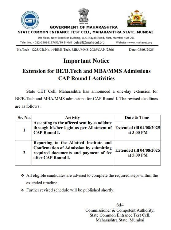 Mahacet Cap Round 1 Admissions Extended 2025