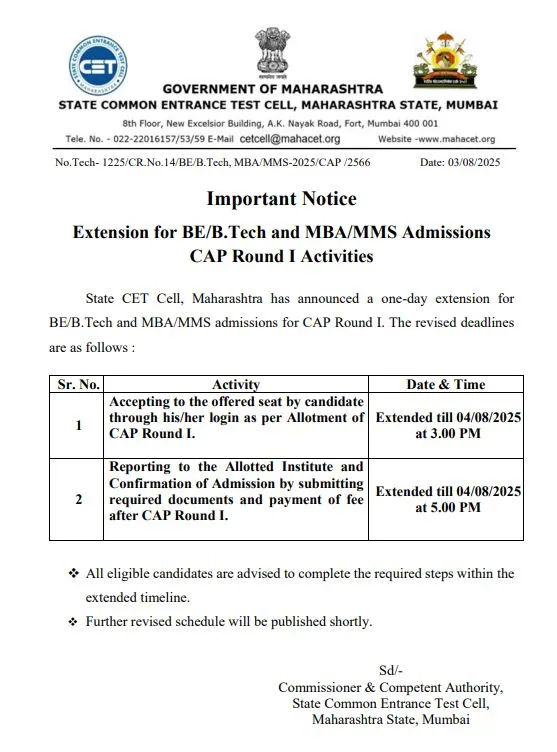Mahacet Cap Round 1 Admissions Extended 2025