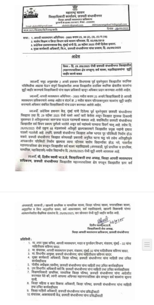 School Rain Holiday Tomorrow Chhatrapati aurangabad