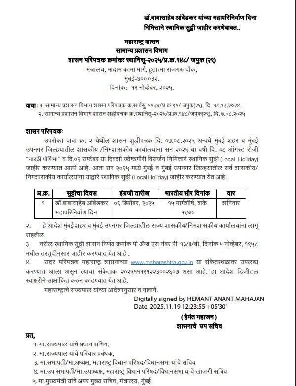 Mahaparinirvan Din Holiday Circular