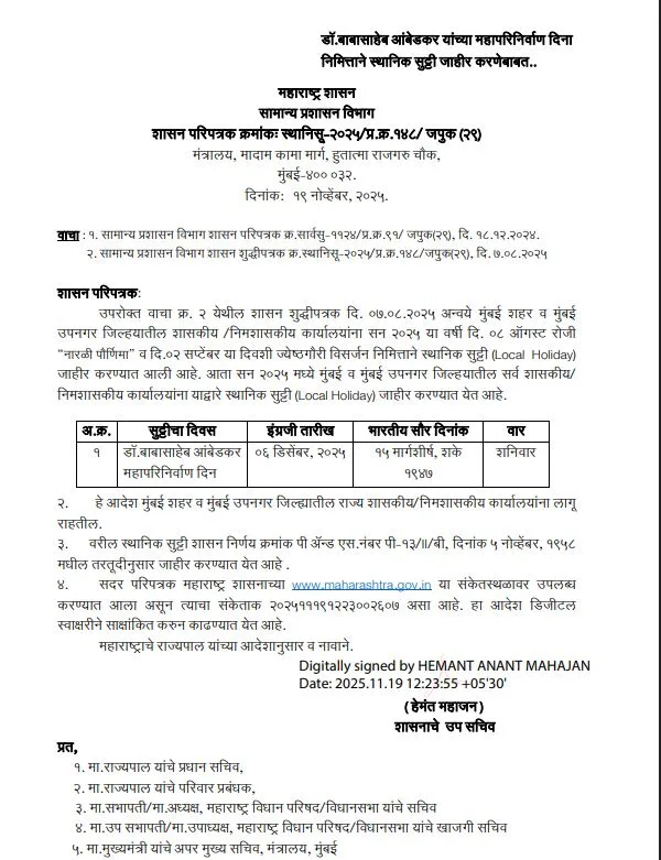 Mahaparinirvan Din Holiday Circular