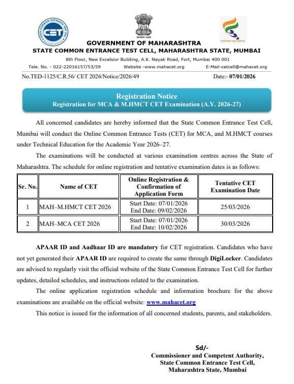 Registration Notice MCA MHMCT CET 2026-27