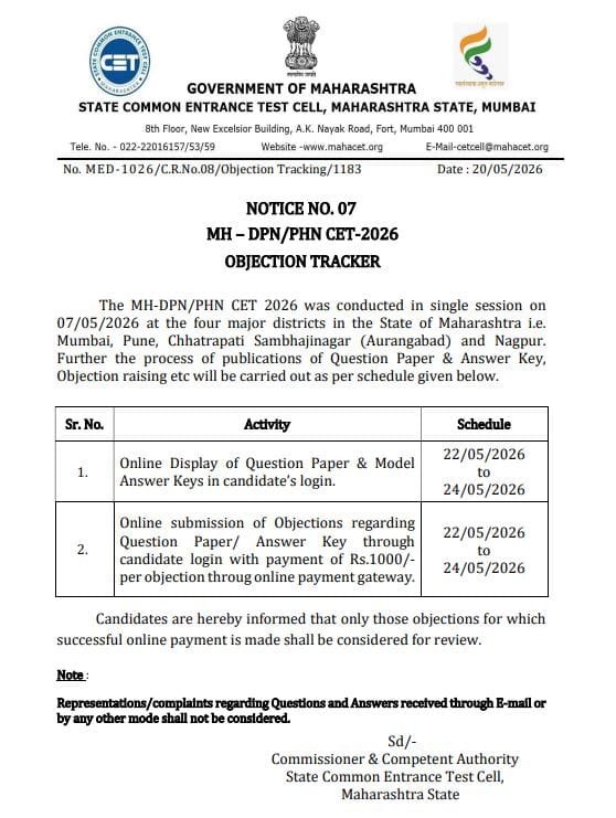 MH DPN PHN CET OBJECTION TRACKER NOTICE 2026