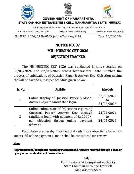 MH NURSING CET 2026 OBJECTION TRACKER Notice