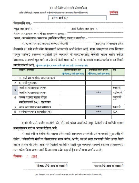 Undertaking Form for 11th admission 2026