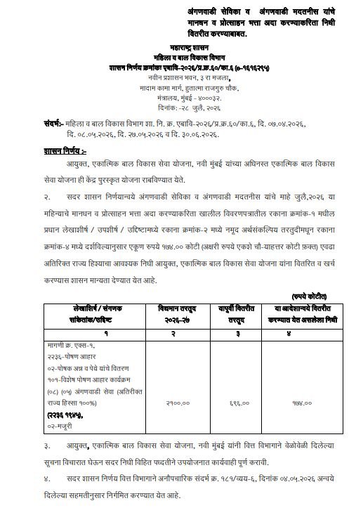 anganwadi sevika salary july 2026