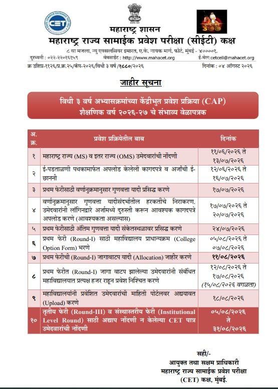 Centralized Admission Process (CAP) Tentative Schedule for LLB 5 Yrs Integrated Course Academic Year 2026-27
