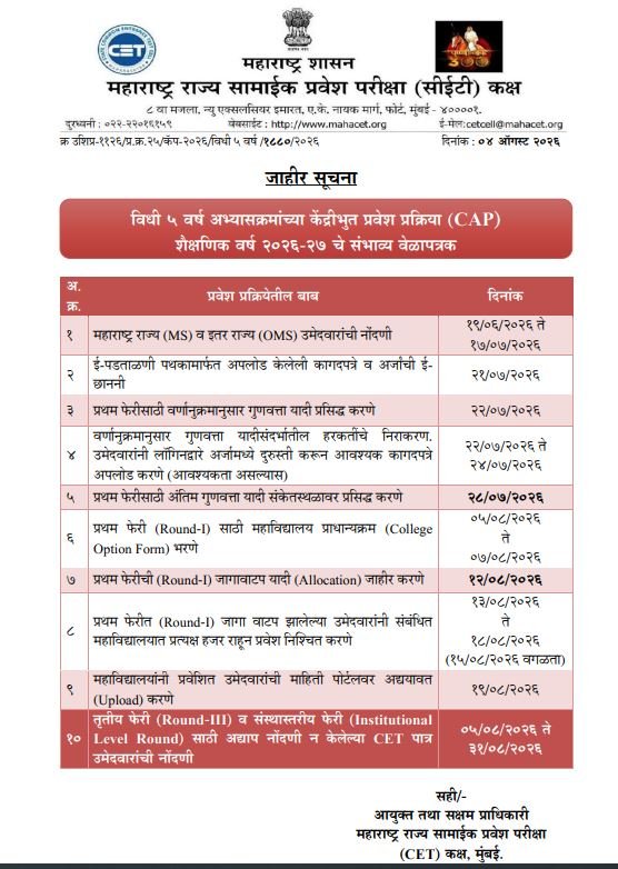 Centralized Admission Process (CAP) Tentative Schedule for LLB 5 Yrs Integrated Course Academic Year 2026-27